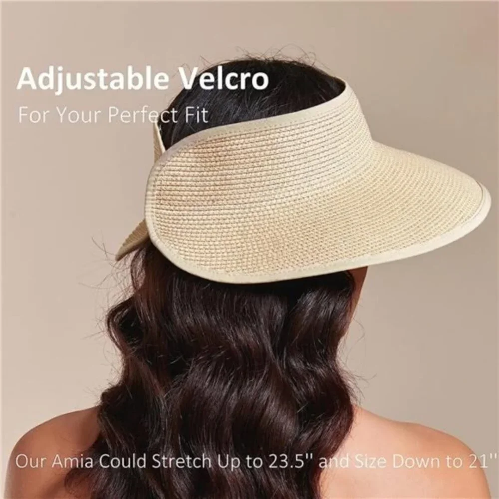 New Sun Visor Hats for Wome  Summer Ponytail Foldable‎ Straw Beach Hat UPF 50+